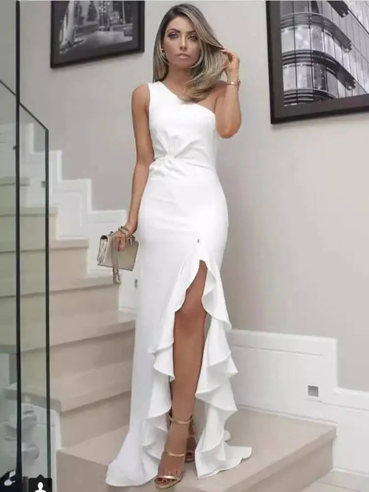 Temperament Slant Neck Sleeveless Ruffle Edge Slit Dresses