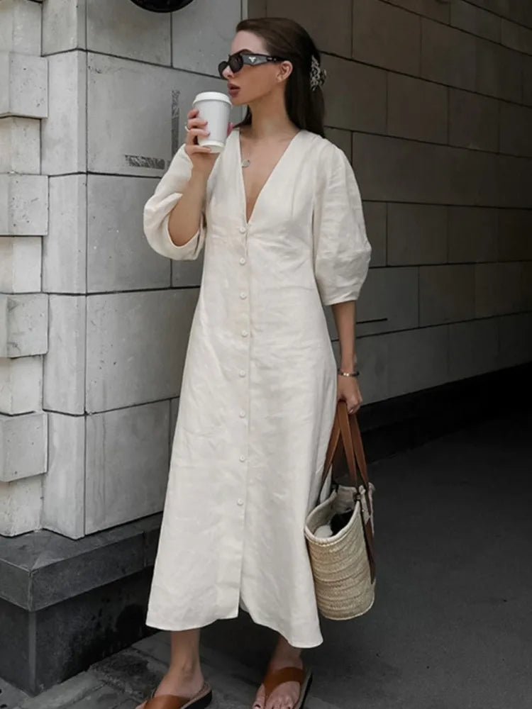 V-neck Bubble Sleeve A-line Dresses