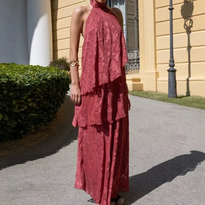 Red Printed Sleeveless Cake Long Dresses