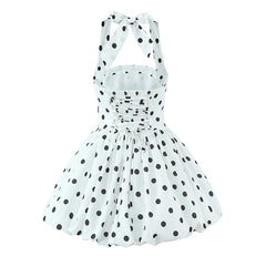 Sexy Backless Polka Dot White Halter Ball Gown Dresses