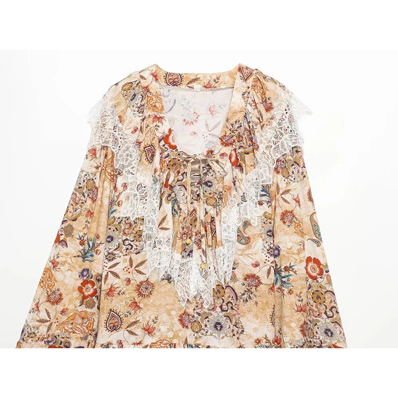 Lace Patchwork Floral Print Short Dresses