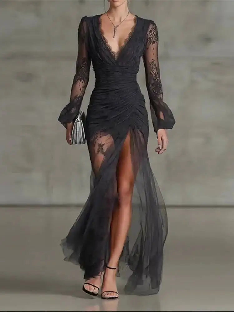Temperament V-neck Long Sleeved Lace Pleated Waist Slimming Dresses