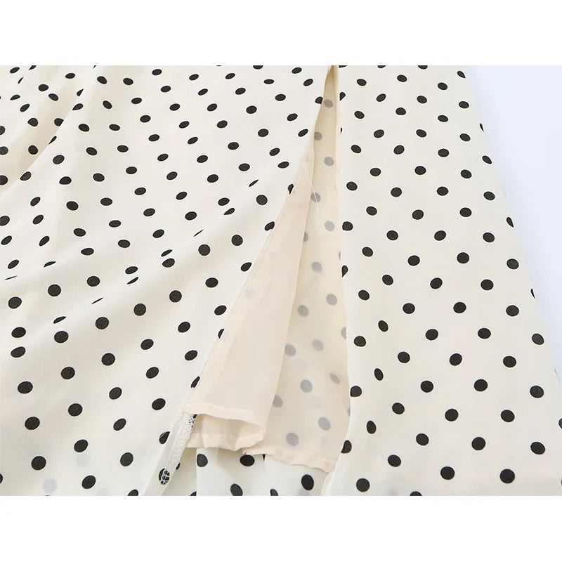 Summer Tie Strap Square Neck Polka Dot Dresses Slit Hem A-line Elegant Retro French Dresses