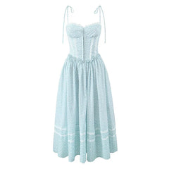 Sexy Elegant Lace Spliced Blue Floral Print Midi Long Sling Dresses Low Waist Fit And Flare Party Dresses