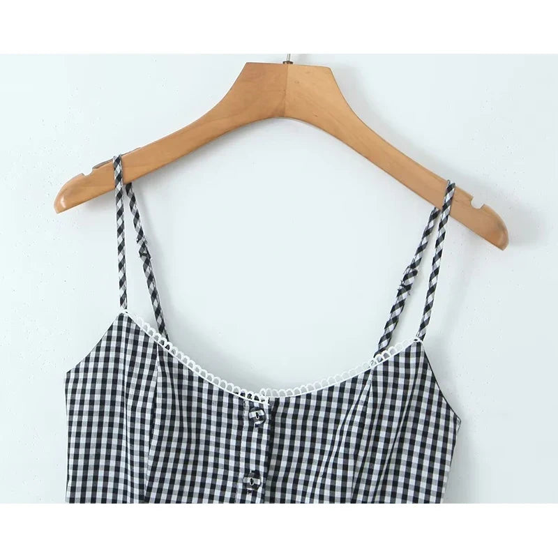 Summer Front Button Plaid Sling Mini Dresses
