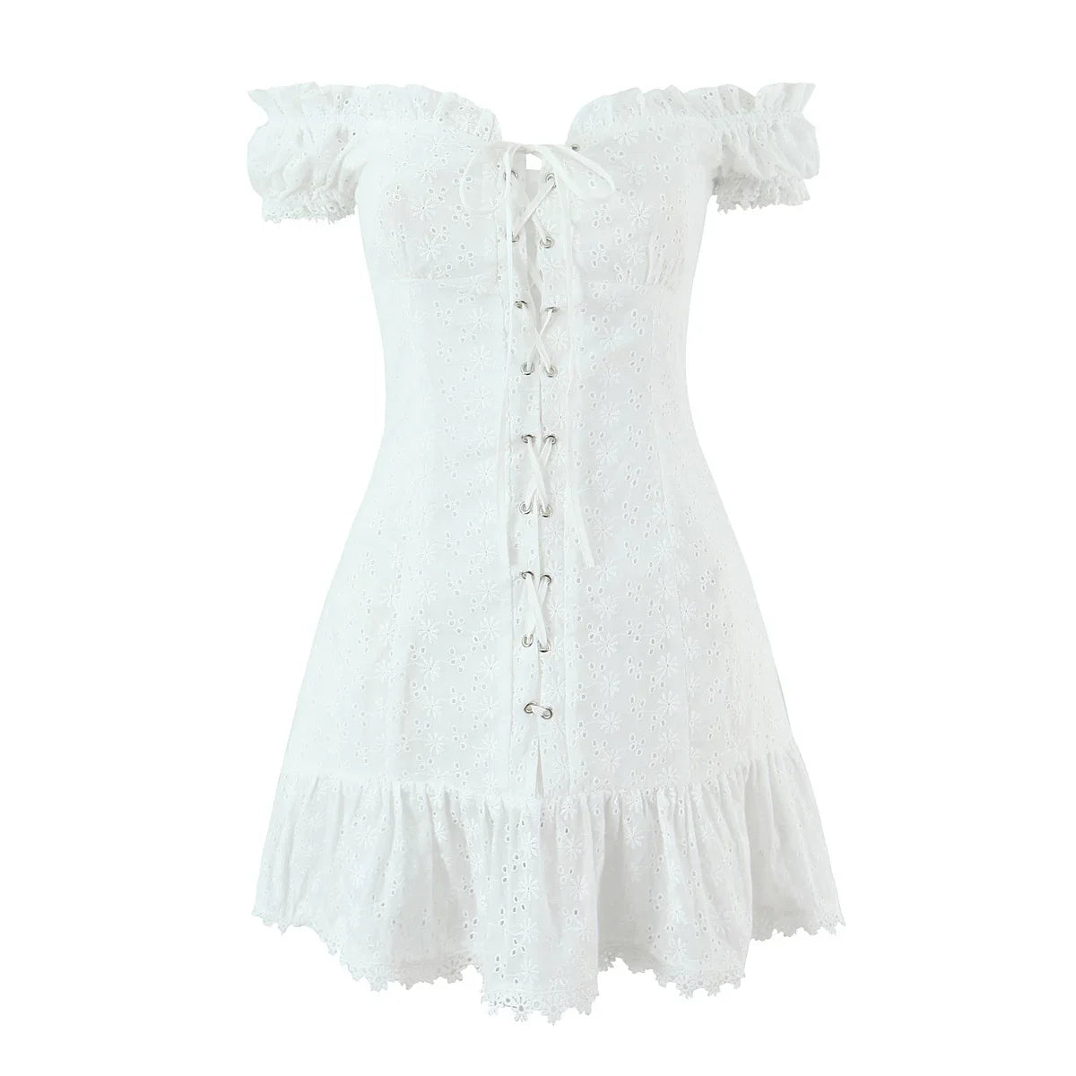 Front Lace Up Floral Embroidery White Sexy Off Shoulder Dresses