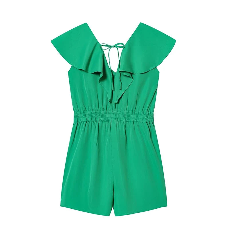 Ruffle V Neck Green Short Jumpsuit Holiday Casual Summer Romper