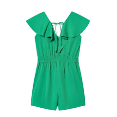 Ruffle V Neck Green Short Jumpsuit Holiday Casual Summer Romper