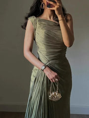 Summer Sleeveless High Waist Pleated Ribbon Sparkling Evening Dresses