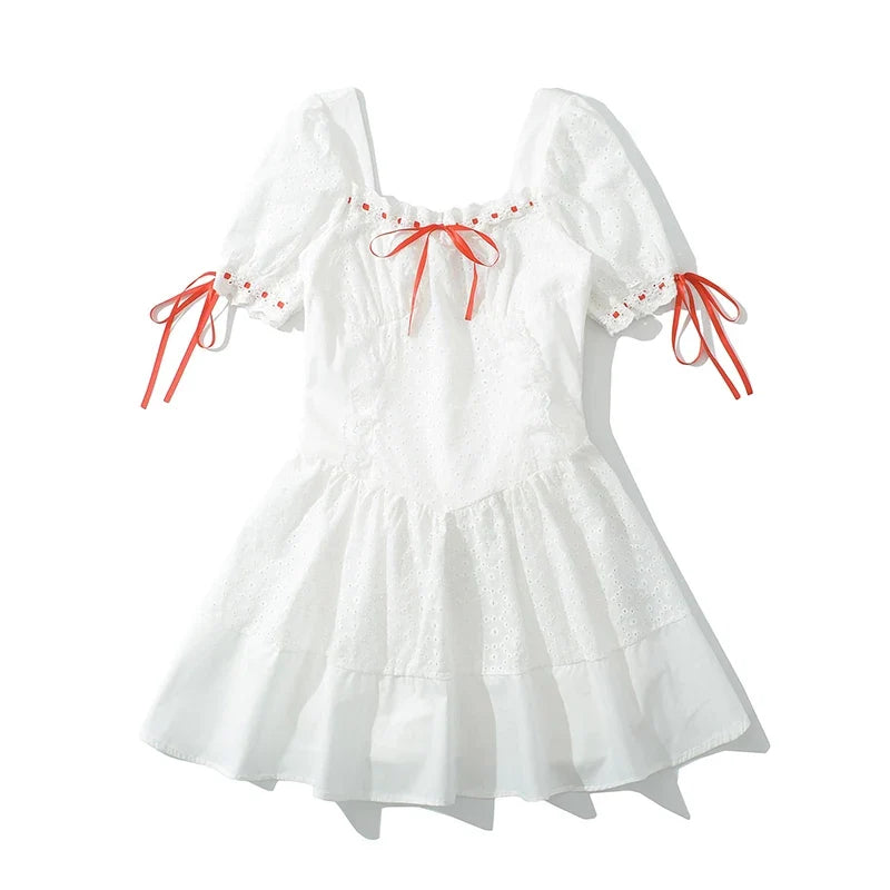 Hollow Out Embroidery Floral White Dresses