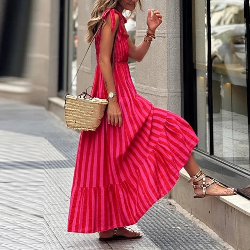 Striped Printed Camisole Bohemian Dress, High Street Pleated Backless Long Dress, Sexy Off Shoulder Beach Dress