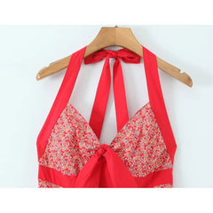 French Style Halter Sexy Backless Dresses Bow V Neck A-line Midi Vacation Summer Dresses