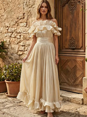 Elegant Slash Neck Lotus Flounced Edge Pleated Waist Dresses