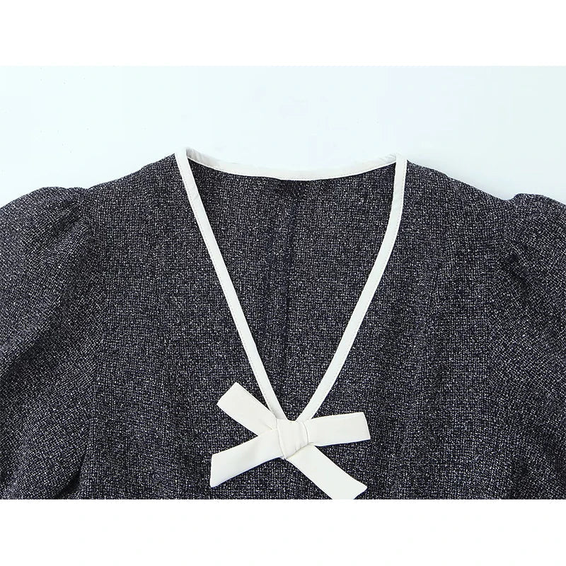 Spring Vintage Puff Sleeve Bow V Neck A-line Mini Dresses High Street Vestidos