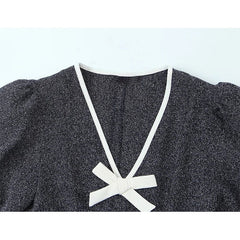 Spring Vintage Puff Sleeve Bow V Neck A-line Mini Dresses High Street Vestidos