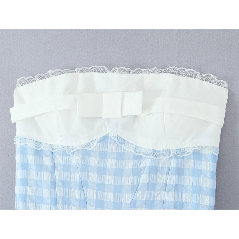 ï»?French Style Sexy Sweet Bow Patchwork Plaid Strapless Mini Dresses