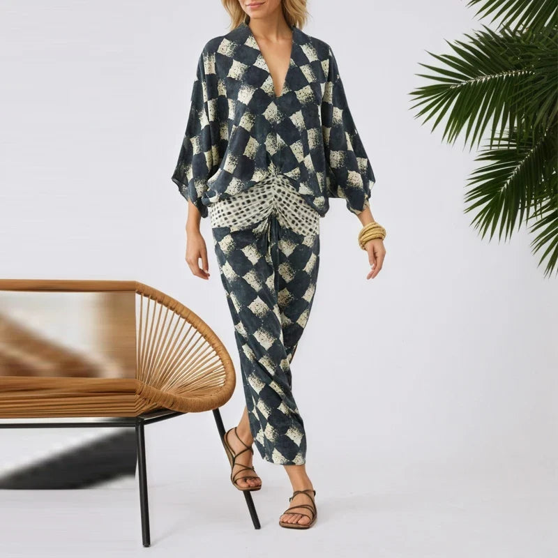 Ladies Sexy Deep V Bohemian Long Dresses Vintage Geometric Print Loose Robe Dresses
