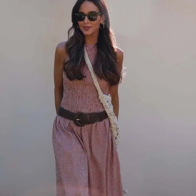 Summer O Neck Sleeveless Vintage Casual Plaid Dresses Fit And Flare Summer Midi Long Dresses Female Vestidos
