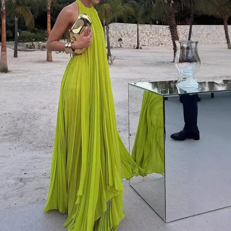 O Neck Sleeveless Long Top + Skirt 2pc Set Sexy Hollow Out Backless Beach Suit Casual Pleated Holiday Party Outfit
