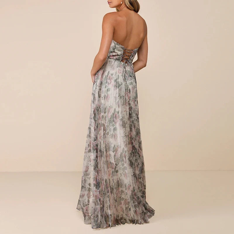 Female Casual Swing Holiday Party Dresses Strapless High Waist Pleated Bohemian Dresses