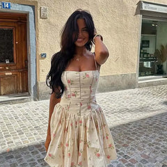 Sexy Spaghetti Straps Floral Print Mini Dresses Low Waist A-line Summer Vacation Party Robe