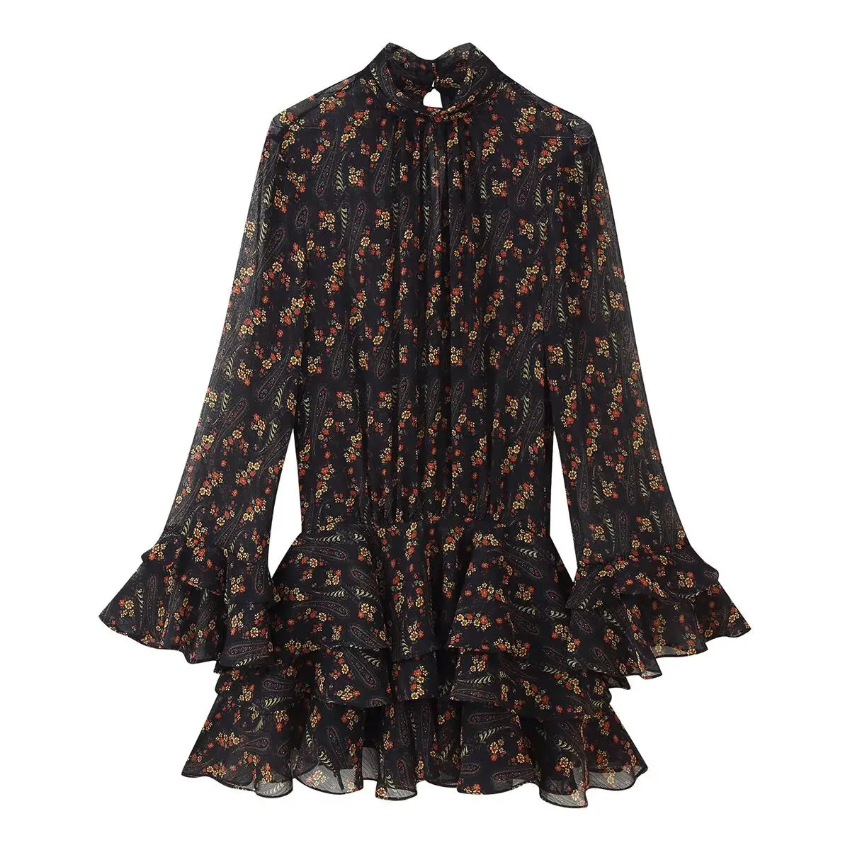 Spring Autumn Long Sleeve High Neck Floral Print Mini Dresses Female Vestidos