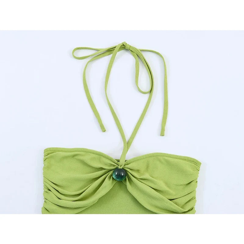 Green Halter Ruched Bodycon Mini Knit Dresses