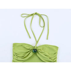 Green Halter Ruched Bodycon Mini Knit Dresses