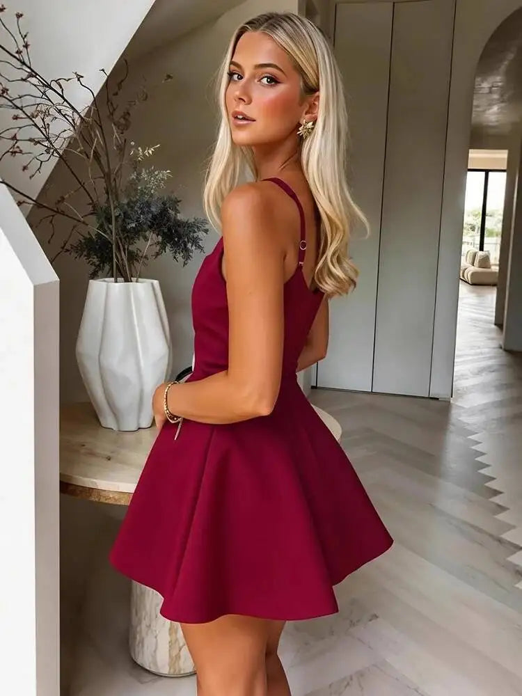Fashionable Minimalist Square Neck Sleeveless Waist Cinched A-line Mini Dresses