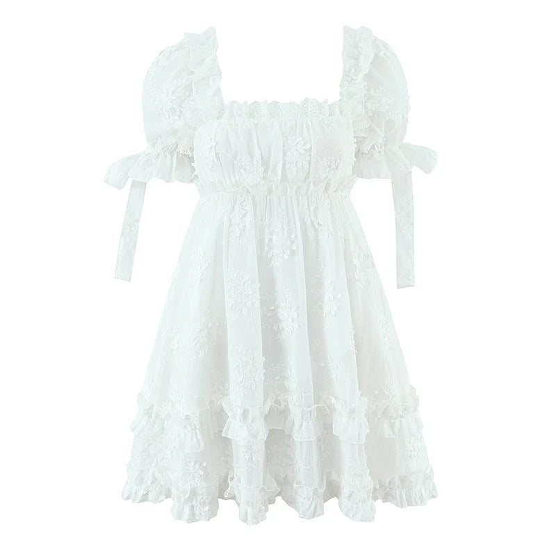 Elegant White Floral Embroidery Mini Dresses