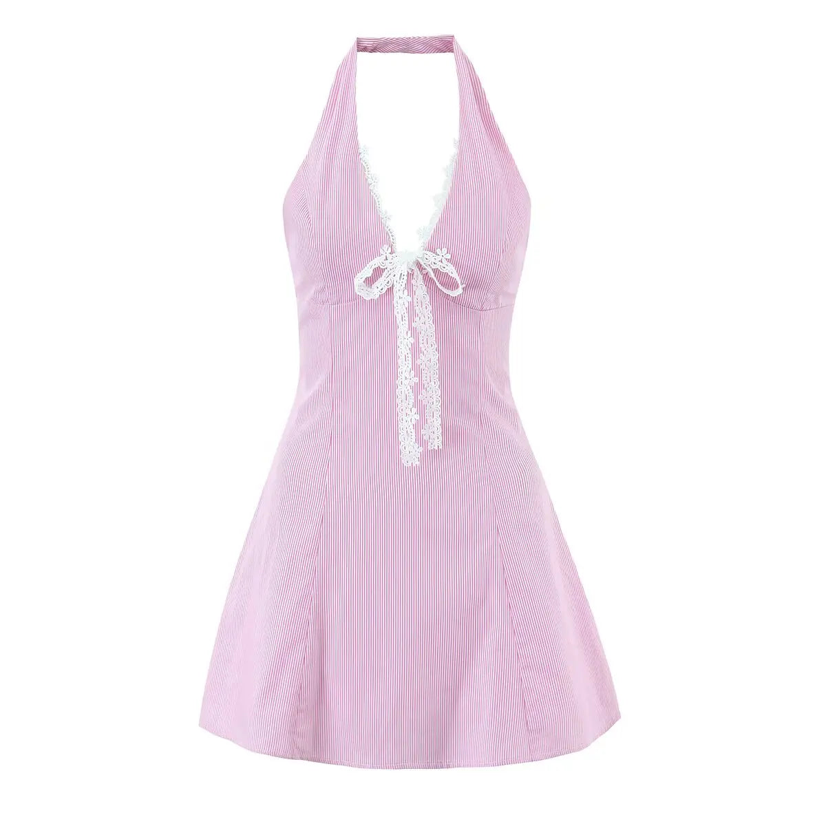 White Lace Trim Pink Blue Striped Halter Mini Dresses