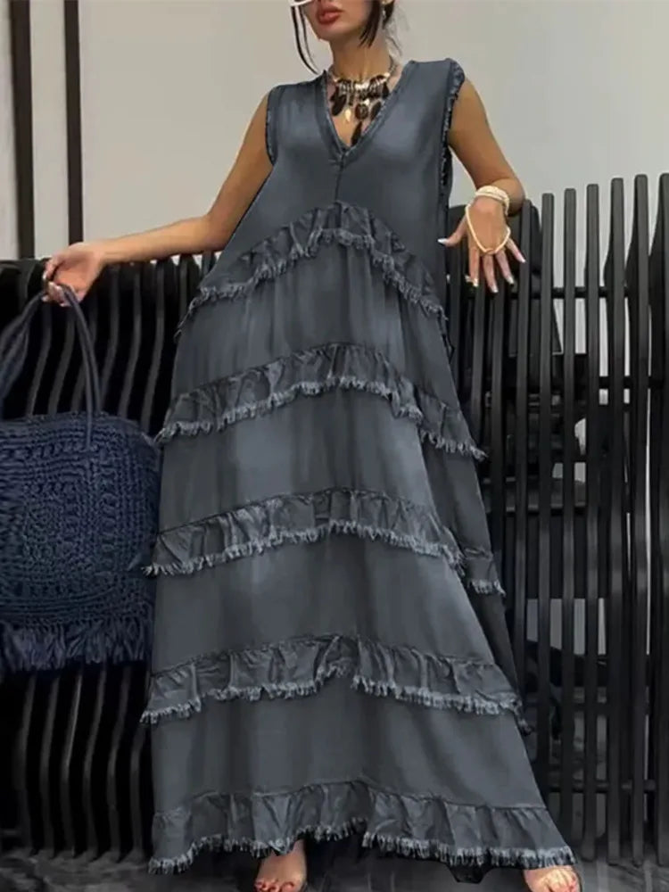 Solid Color V-neck Frayed Edge Patchwork Denim Dresses