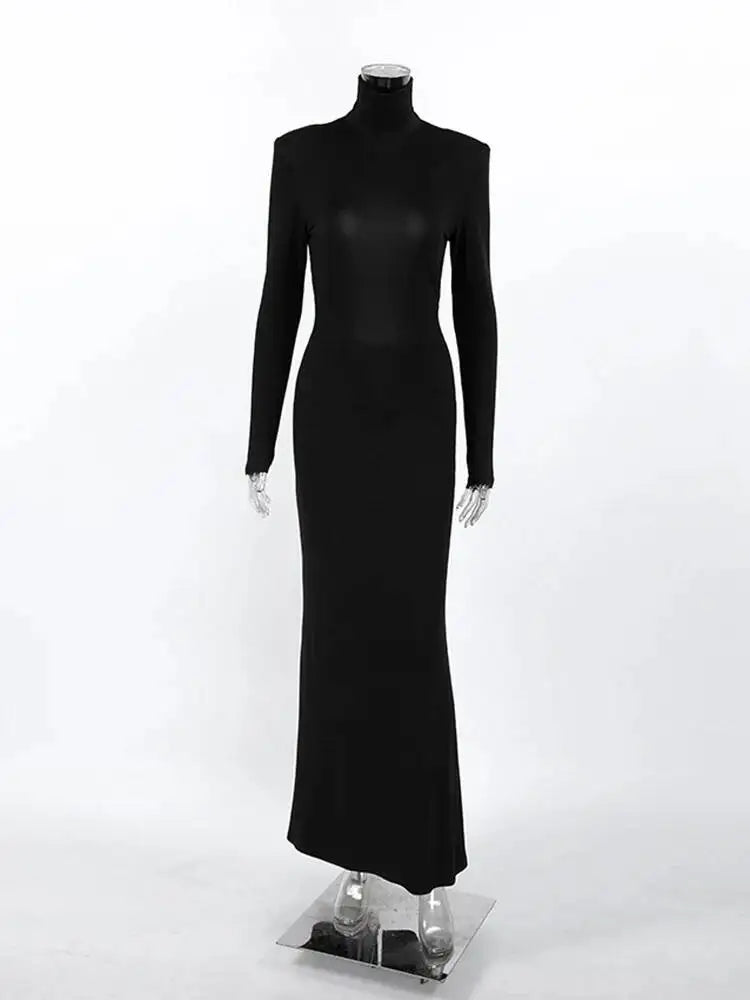 Temperament High Neck Long Sleeved Backless Waist Cinched Slim Fit Dresses