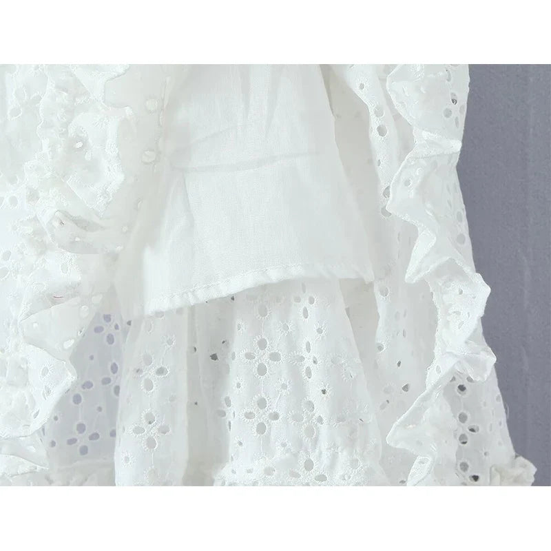 Summer Hollow Out Embroidery White Sleeveless Dresses