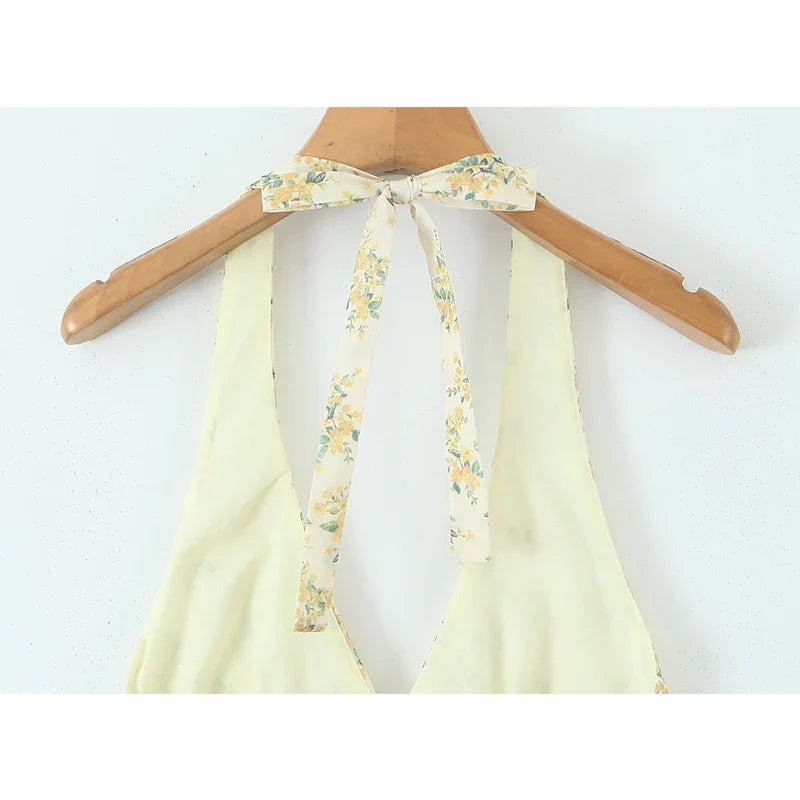 Yellow Floral Print Halter Mini Dresses Elegant A-line Summer Backless Dresses