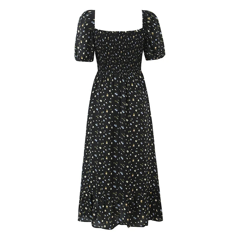 Black Floral Print Square Neck Puff Sleeve A-line Midi Dresses Sexy Slit Casual Summer Vacation Vestidos