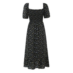 Black Floral Print Square Neck Puff Sleeve A-line Midi Dresses Sexy Slit Casual Summer Vacation Vestidos
