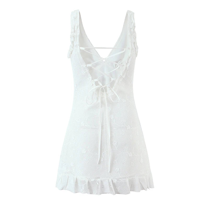 Floral Embroidery Mesh White Tank Dresses