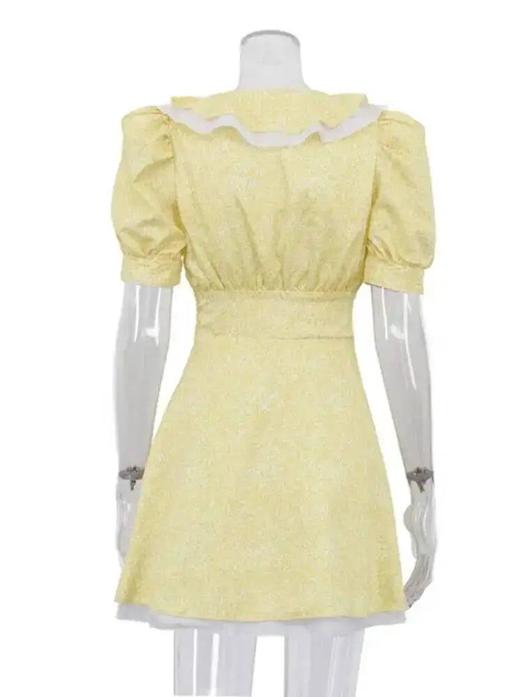 Sweet Printed Ruffled V-neck Bubble Sleeve Waist Cinched Mini A-line Dresses