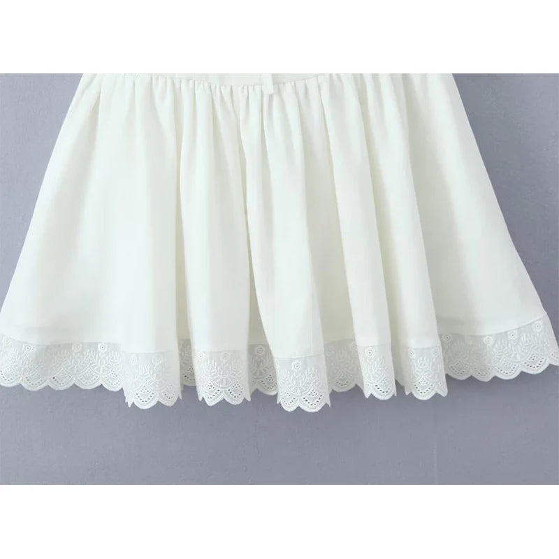 Lace Spliced Bow Beige White Sweet Dresses