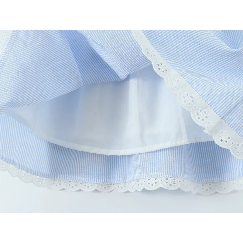 Lace Spliced Blue Striped Sling Short Dresses