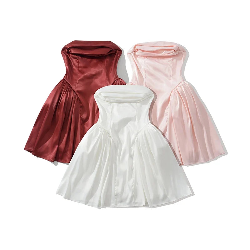 Sexy Elegant Prom Strapless Dresses Lace Up Back White Pink Evening Party Mini Dresses