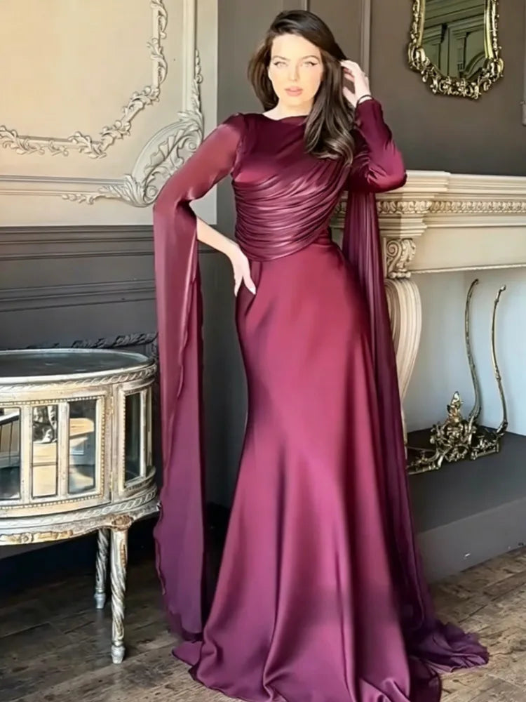 Elegant Round Neck Long Sleeved Asymmetrical Waist Slimming Dresses
