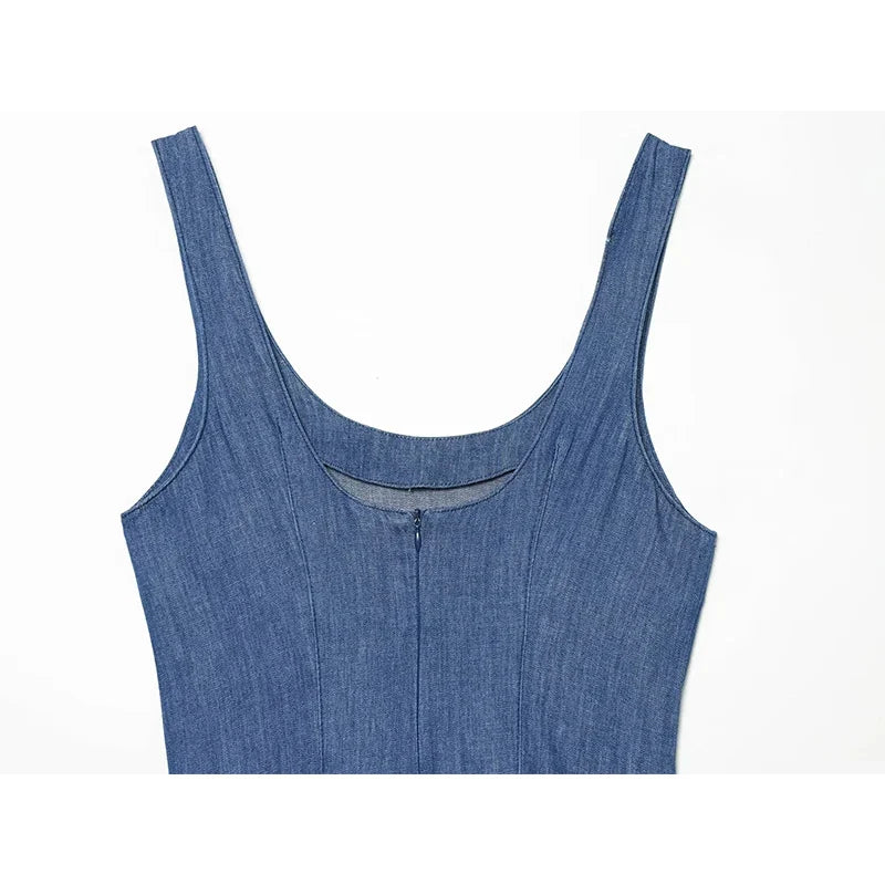 Blue Denim Sleeveless Midi Dresses