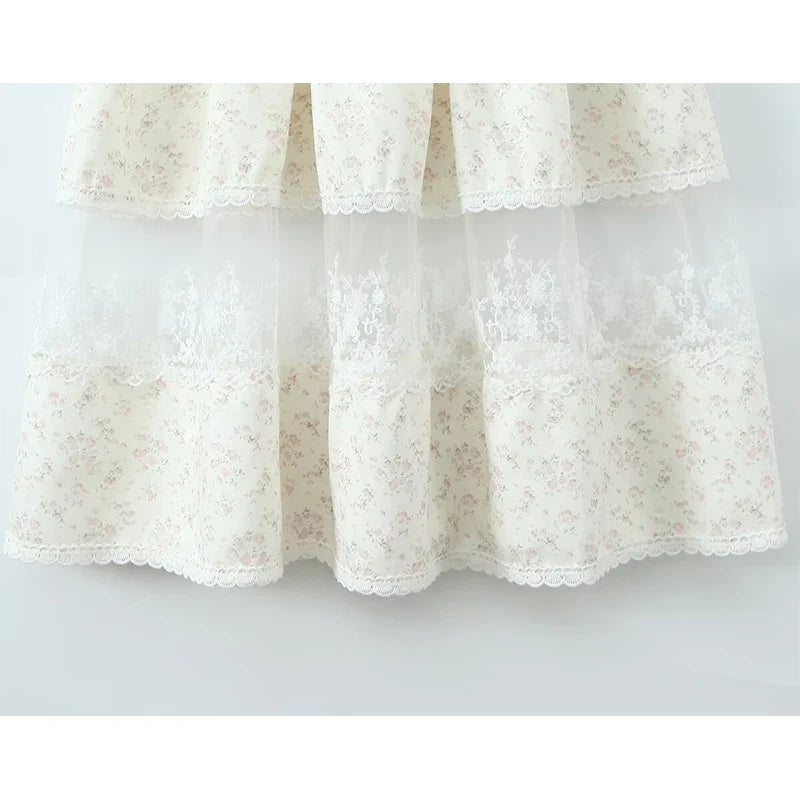 Lace Patchwork Floral Print Sling Midi Long Dresses