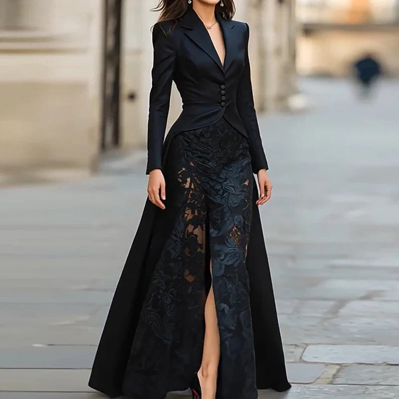 Lace Patchwork Slim Fit Party Suit Elegant Solid Formal Occasion Outfit Autumn Lapel Button Top and Skirt Two Piece Set