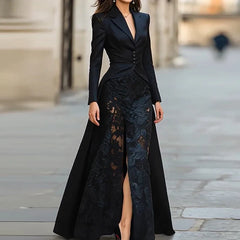 Lace Patchwork Slim Fit Party Suit Elegant Solid Formal Occasion Outfit Autumn Lapel Button Top and Skirt Two Piece Set