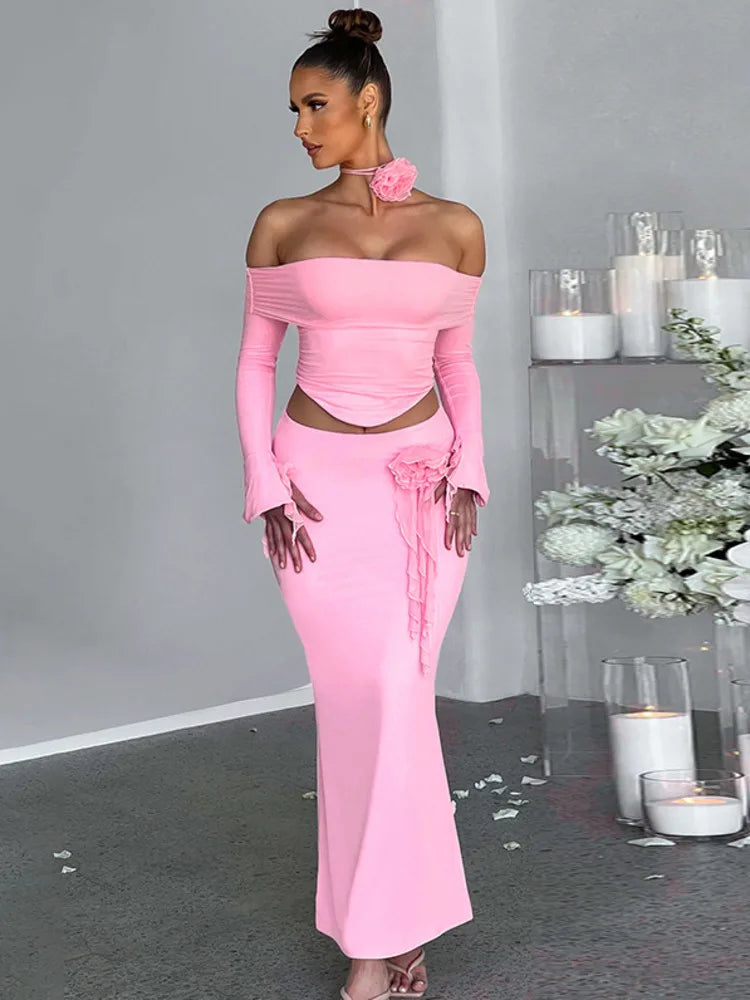 Summer Two-piece Set Sexy Strapless Long-sleeved Top With Irregular Slim-fitting Skirt 19DB2727
