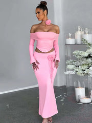 Summer Two-piece Set Sexy Strapless Long-sleeved Top With Irregular Slim-fitting Skirt 19DB2727