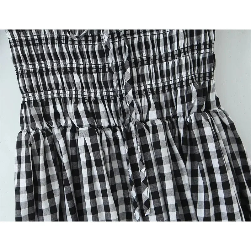 French Style Vintage Puff Sleeve Plaid Dresses